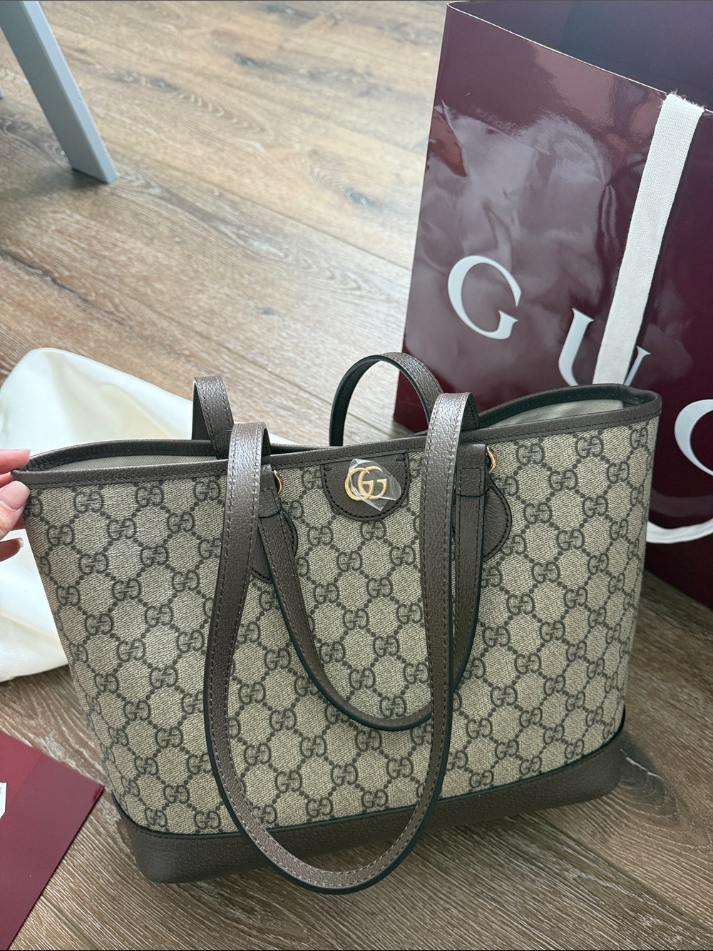 Gucci Beige GG Supreme Canvas Tote with Brown Leather Trim